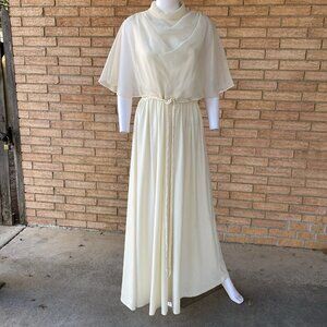 60s 70s cream chiffon shawl braided belt hippy into the woods maxi dress sz S/M